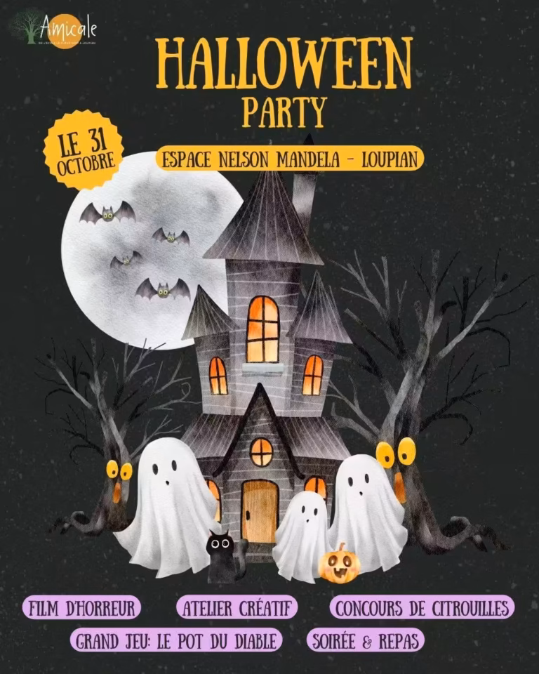 Affiche d'Halloween Party le 31 octobre à l'Espace Nelson Mandela de Loupian