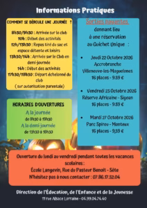 Informations pratiques du Club Ados de Sète pour la Toussaint 2026 : déroulé d'une journée, horaires d'ouverture et sorties payantes à 9,59 euros