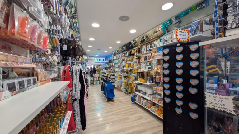 Intérieur du Bazar Cettois avec rayons beauté, vêtements et souvenirs