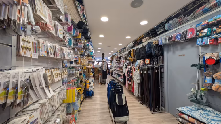 Allée centrale du Bazar Cettois bordée de rayons du sol au plafond