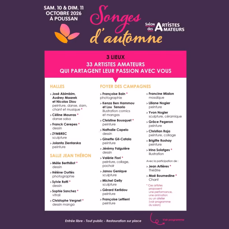 Les 33 artistes amateurs de Songes d'automne 2026, par lieu