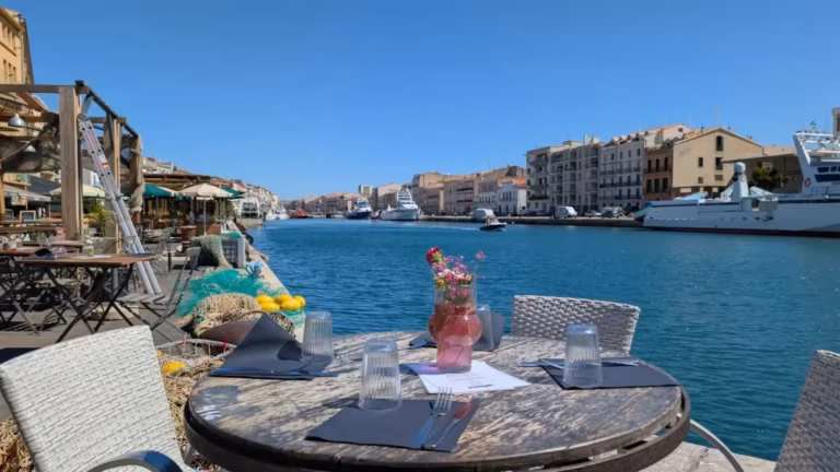 La terrasse du restaurant Oh Gobie sur le quai du port de pêche de Sète, face au canal