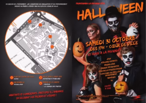 Plan du cœur de ville de Frontignan pour Halloween 2026, avec la scène, le maquillage, Bienvenue à Poudlard et le square de la Liberté
