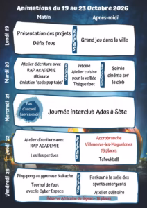Programme du Club Ados de Sète du 19 au 23 octobre 2026, matin et après-midi, avec ateliers d'écriture, grand jeu dans la ville, piscine, accrobranche et Réserve Africaine de Sigean