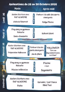 Programme du Club Ados de Sète du 26 au 30 octobre 2026, avec le parc Spirou, la soirée Halloween, la piscine à Agde, le karaoké et le blind test