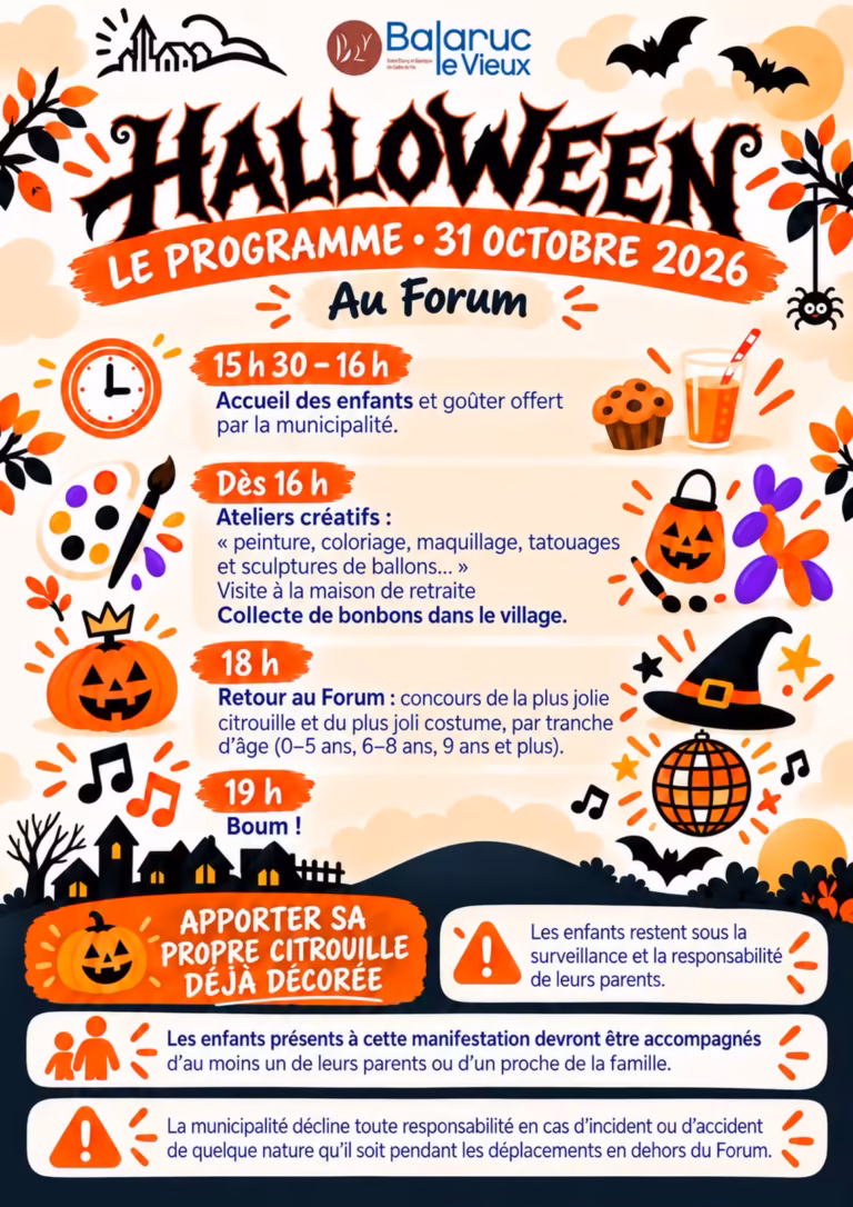 Programme d'Halloween du samedi 31 octobre 2026 au Forum de Balaruc-le-Vieux : goûter, ateliers, concours de citrouilles et boum