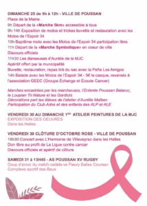 Programme Octobre Rose 2026 à Poussan, page 3 : marche du 25 octobre, clôture du 30 et rugby du 31 octobre