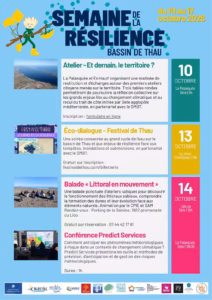 Programme de la Semaine de la Résilience du bassin de Thau, page 1 : atelier du 10, éco-dialogue du 13, balade et conférence du 14 octobre