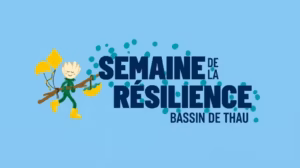 Visuel de la Semaine de la Résilience du bassin de Thau, avec une mascotte en bottes jaunes portant un cerf-volant