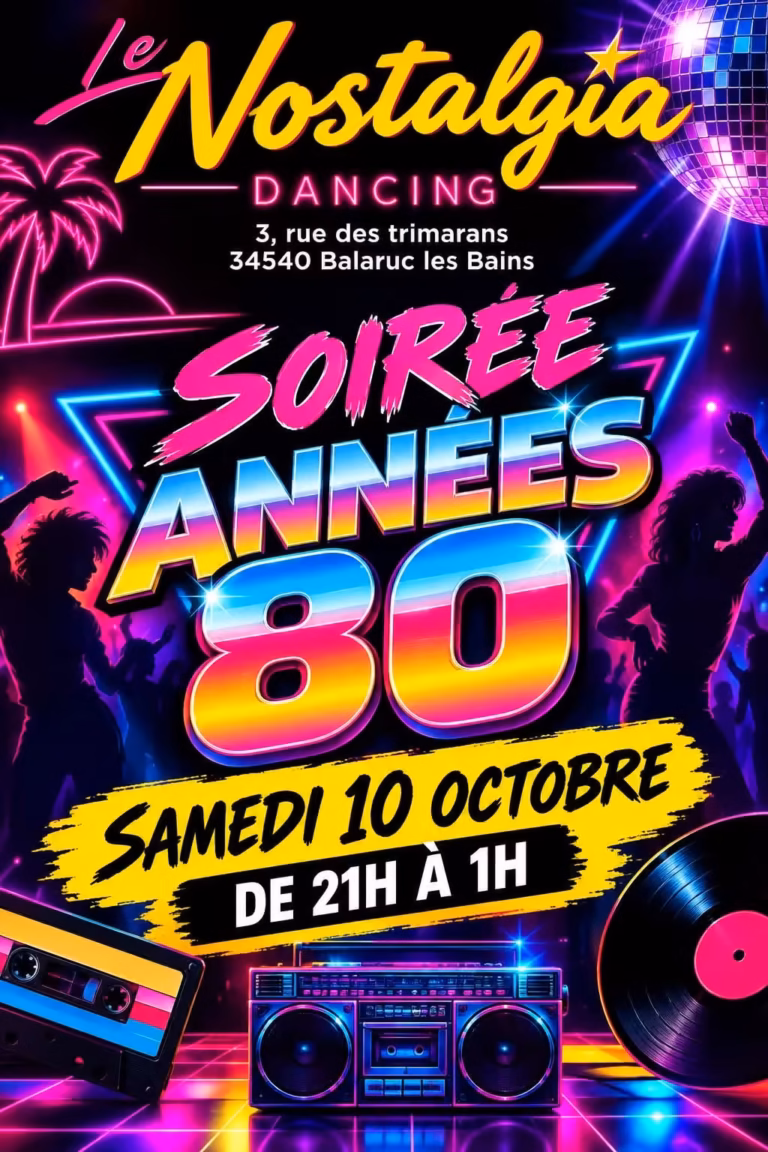 Affiche de la soirée années 80 au Nostalgia Dancing à Balaruc-les-Bains, samedi 10 octobre de 21h à 1h