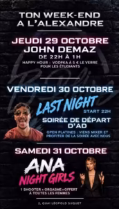 Affiche des soirées DJ du week-end à L'Alexandre Café à Sète, avec John Demaz, Last Night et Ana Night Girls