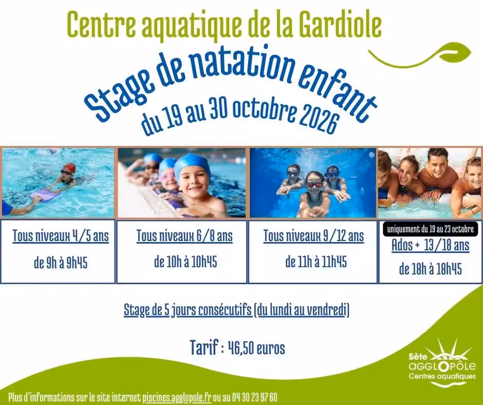 Stages de natation des vacances d'automne : inscriptions à Sète et Gigean - stage natation enfant centre aquatique gardiole automne 2026 Stage de natation enfant au centre aquatique de la Gardiole, du 19 au 30 octobre 2026, de 4 à 18 ans