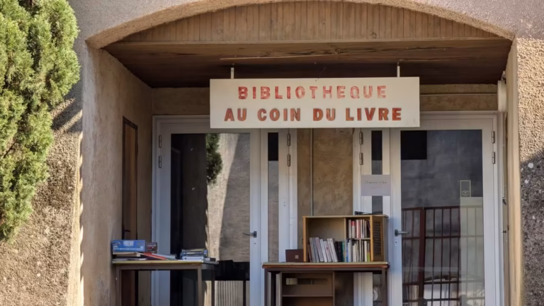 Bibliothèque « Au coin du livre » sous le porche de la MJC de Poussan