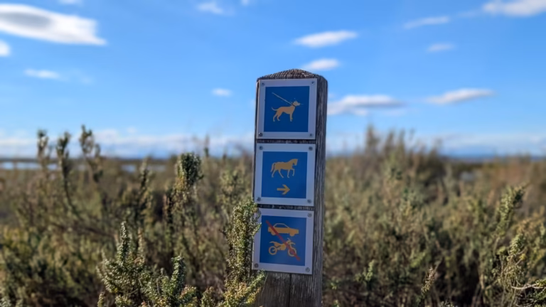 Balise de sentier avec pictogrammes dans les salins