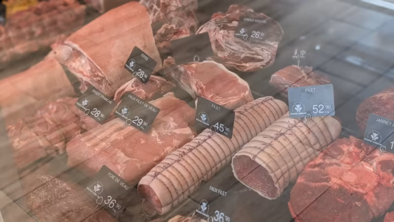 Rôtis et pièces de bœuf dans la vitrine réfrigérée