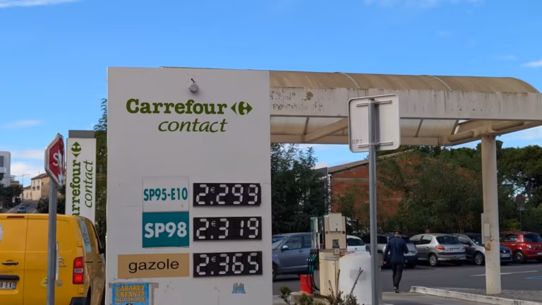 Totem de la station-service Carrefour contact avec ses carburants