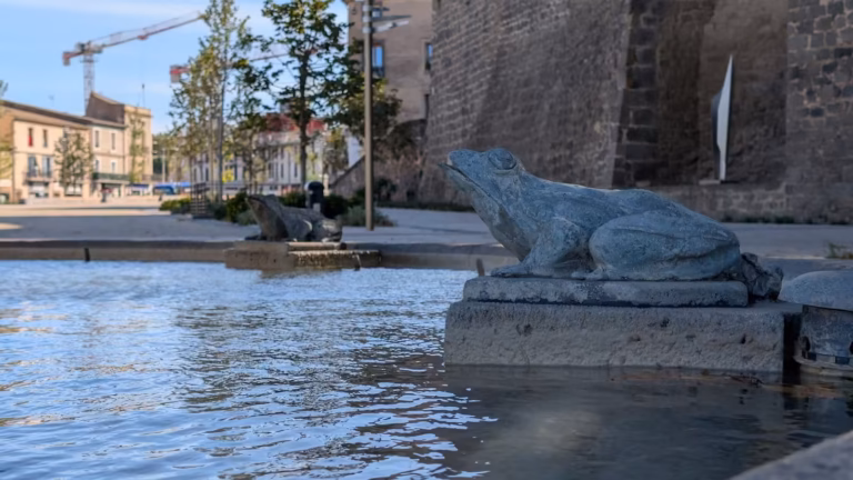 Grenouille sculptée dans le bassin près des remparts