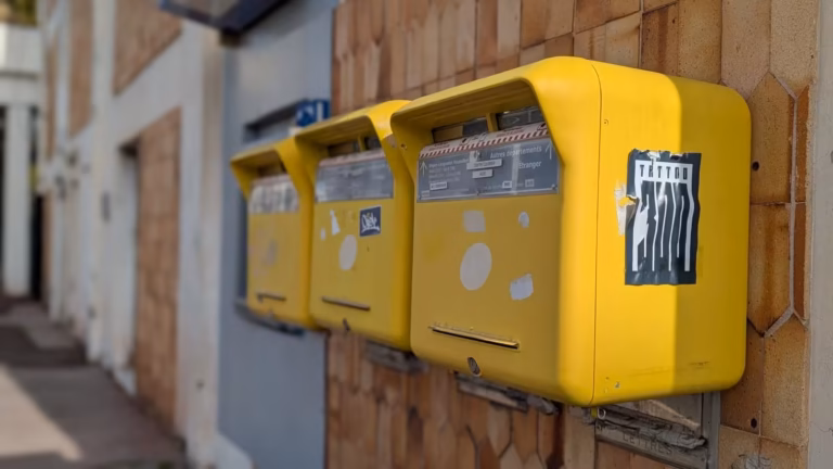 Boîtes aux lettres jaunes fixées au mur du bureau de poste du Cap d'Agde