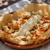 Papillote de maigre ouverte avec potimarron roti, mais et popcorn au parmesan