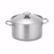 Faitout en inox avec couvercle et anses sur fond blanc